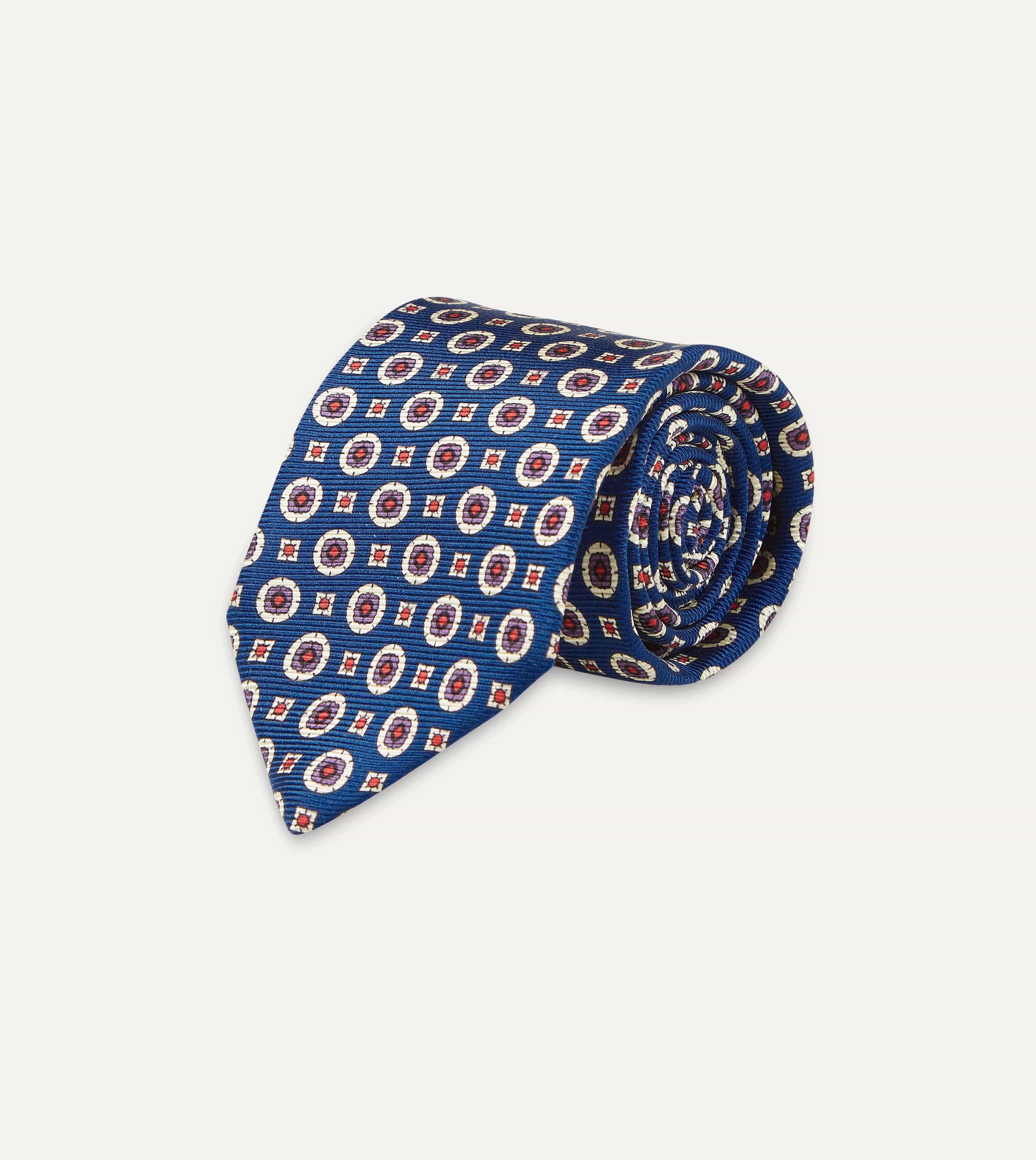 Blue and Red Geometric Medallion Print Silk Foulard Tie - Image 4