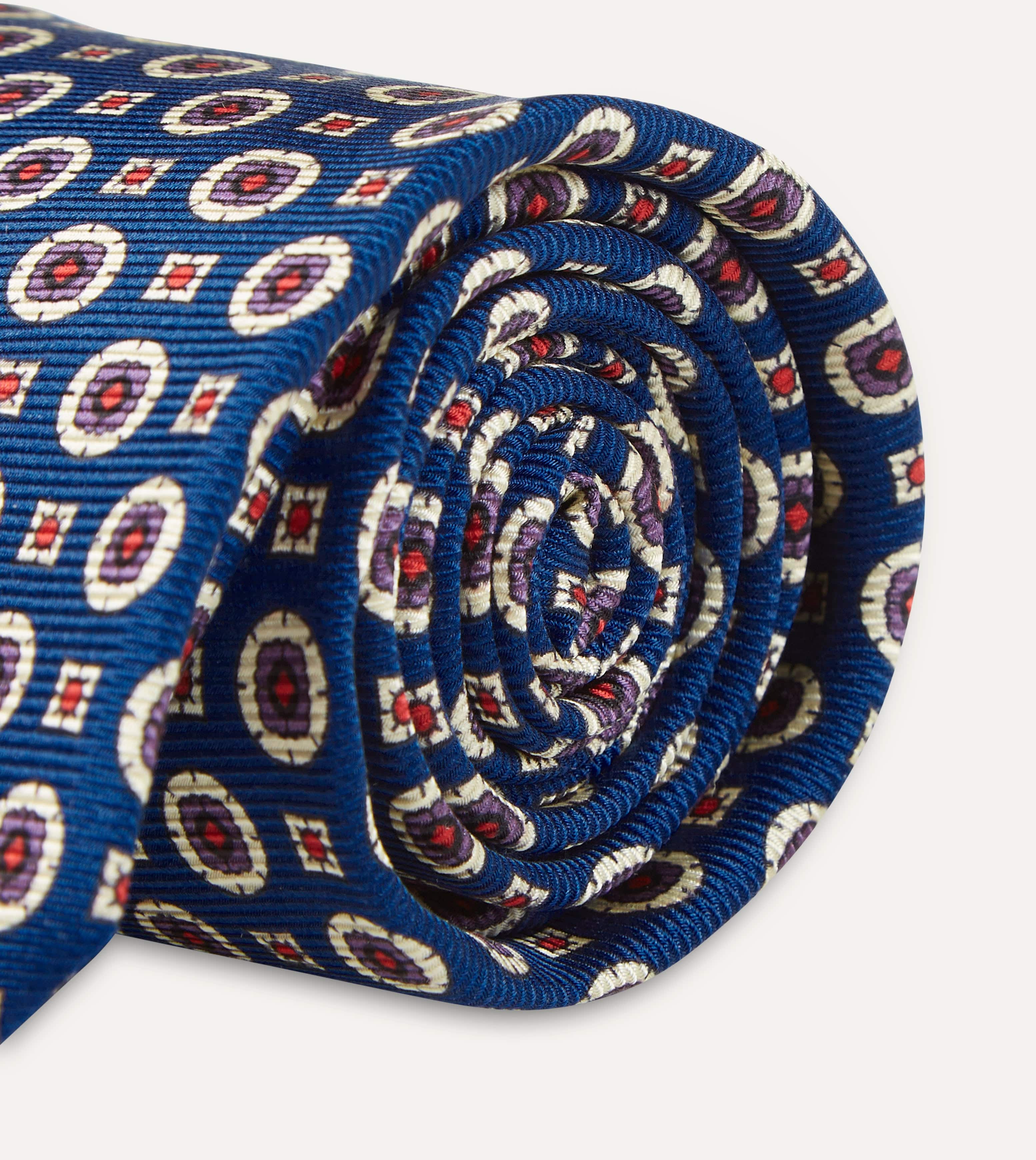 Blue and Red Geometric Medallion Print Silk Foulard Tie - Image 5