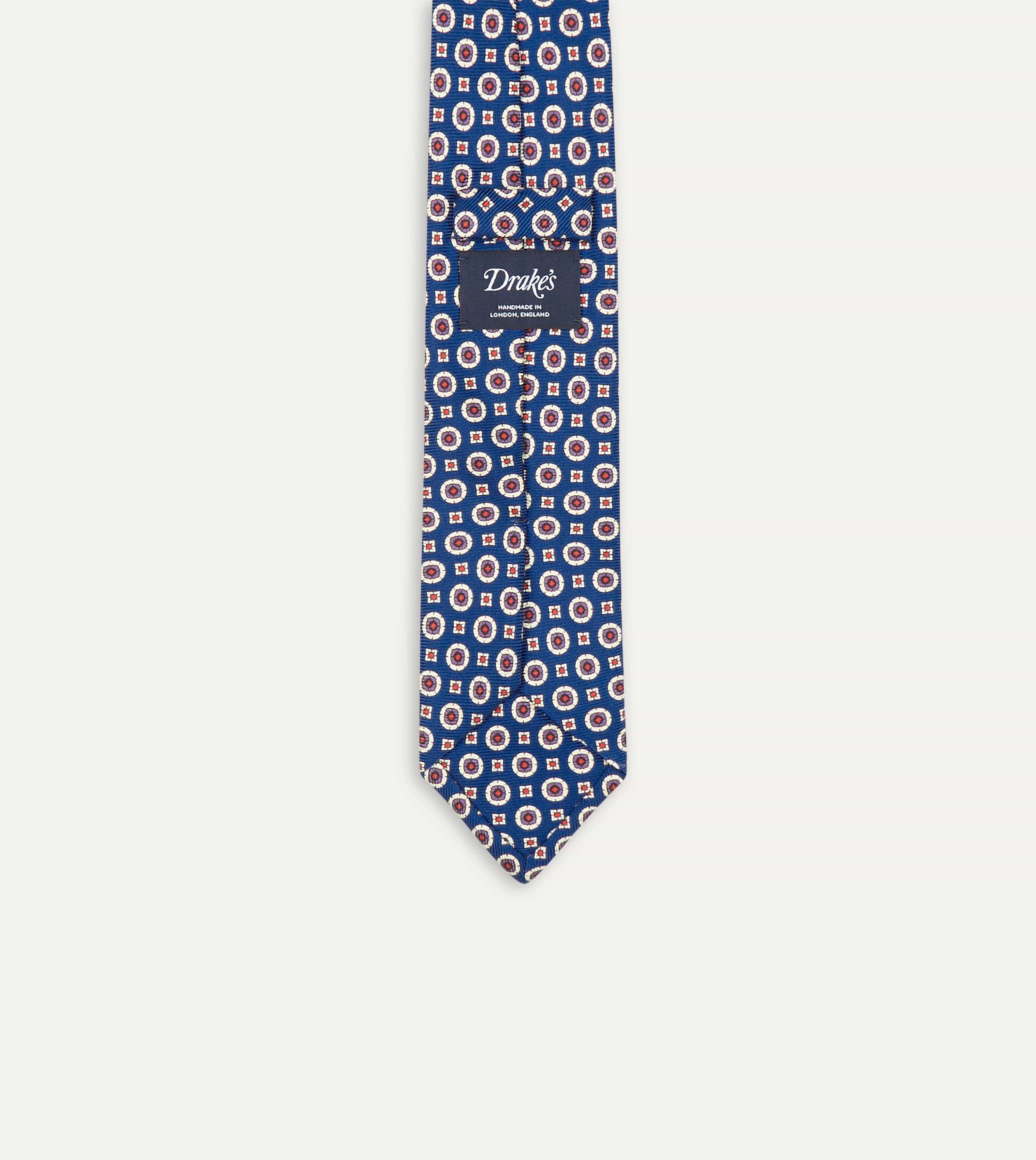 Blue and Red Geometric Medallion Print Silk Foulard Tie - Image 6