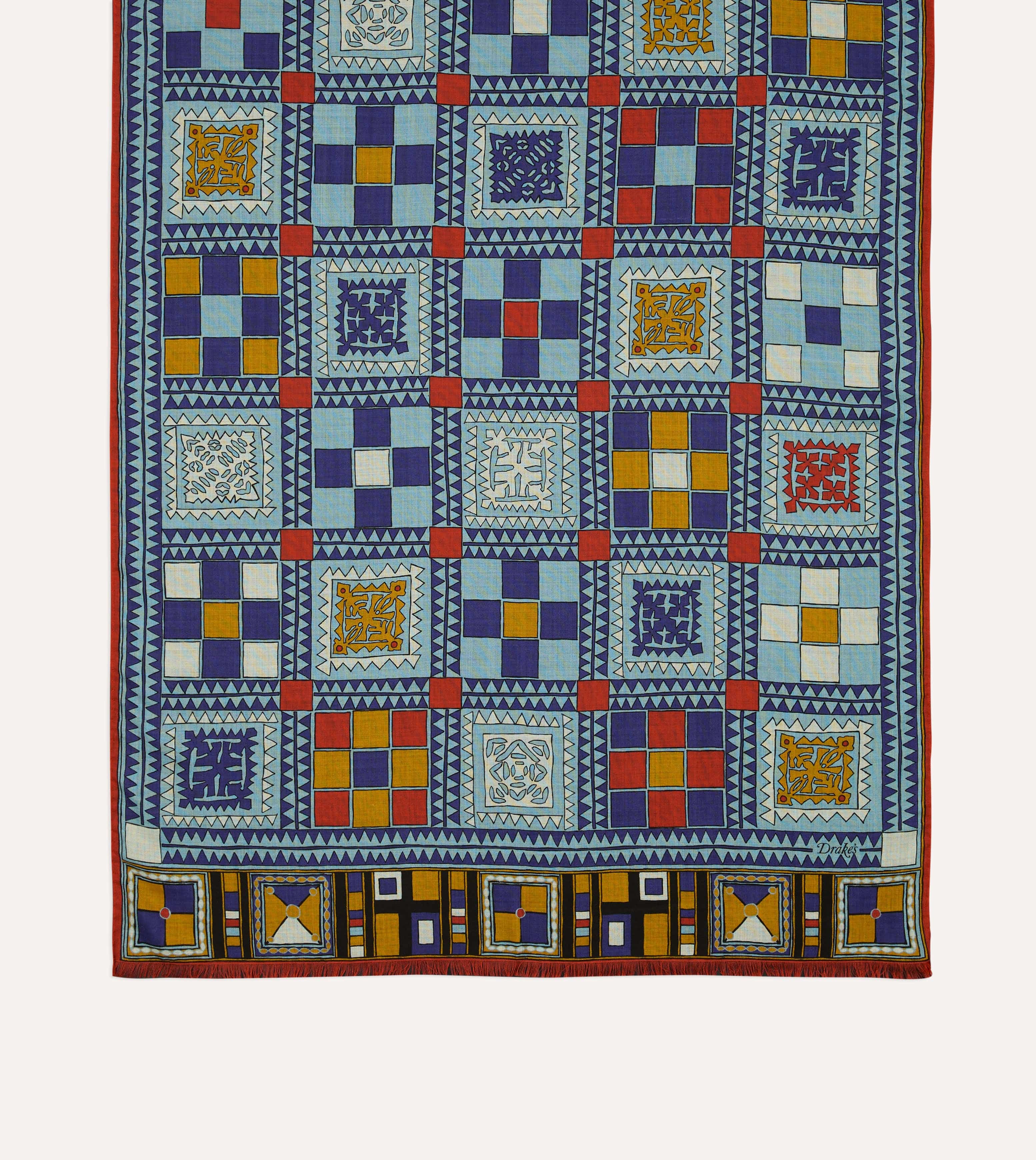 Blue Geometric Print Wool Silk Scarf - Image 3