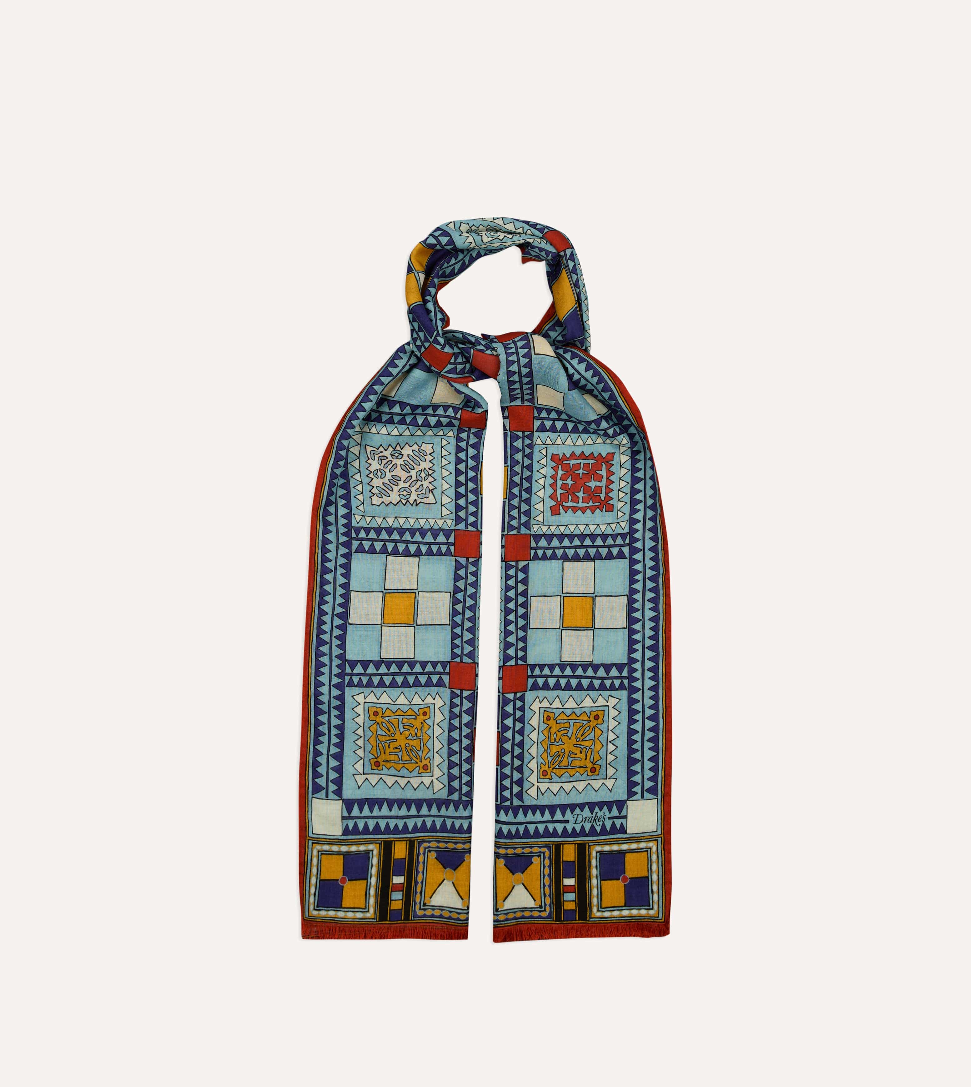 Blue Geometric Print Wool Silk Scarf - Image 4