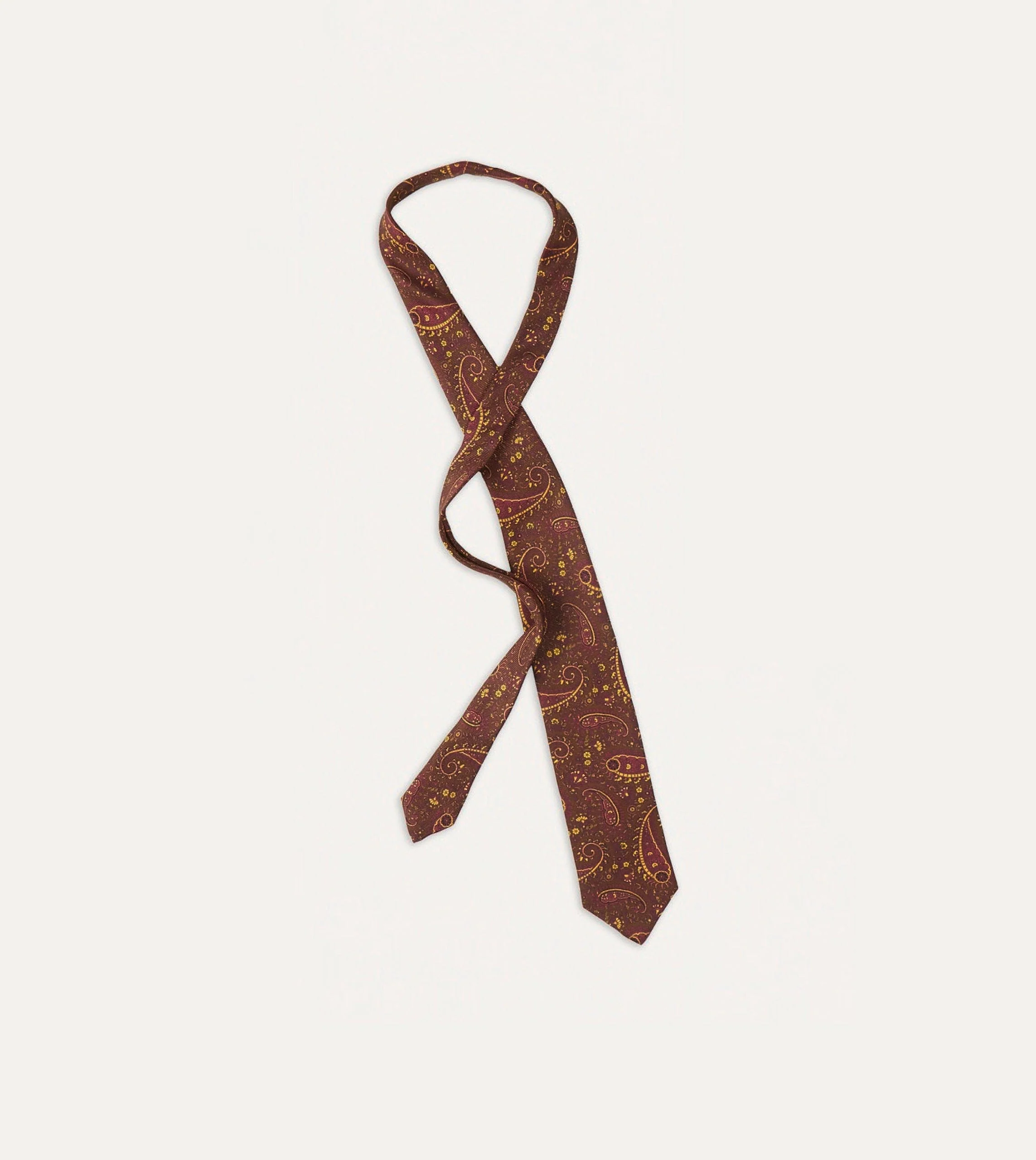 Brown, Red and Yellow Paisley Print Madder Twill Silk Tie - Image 4