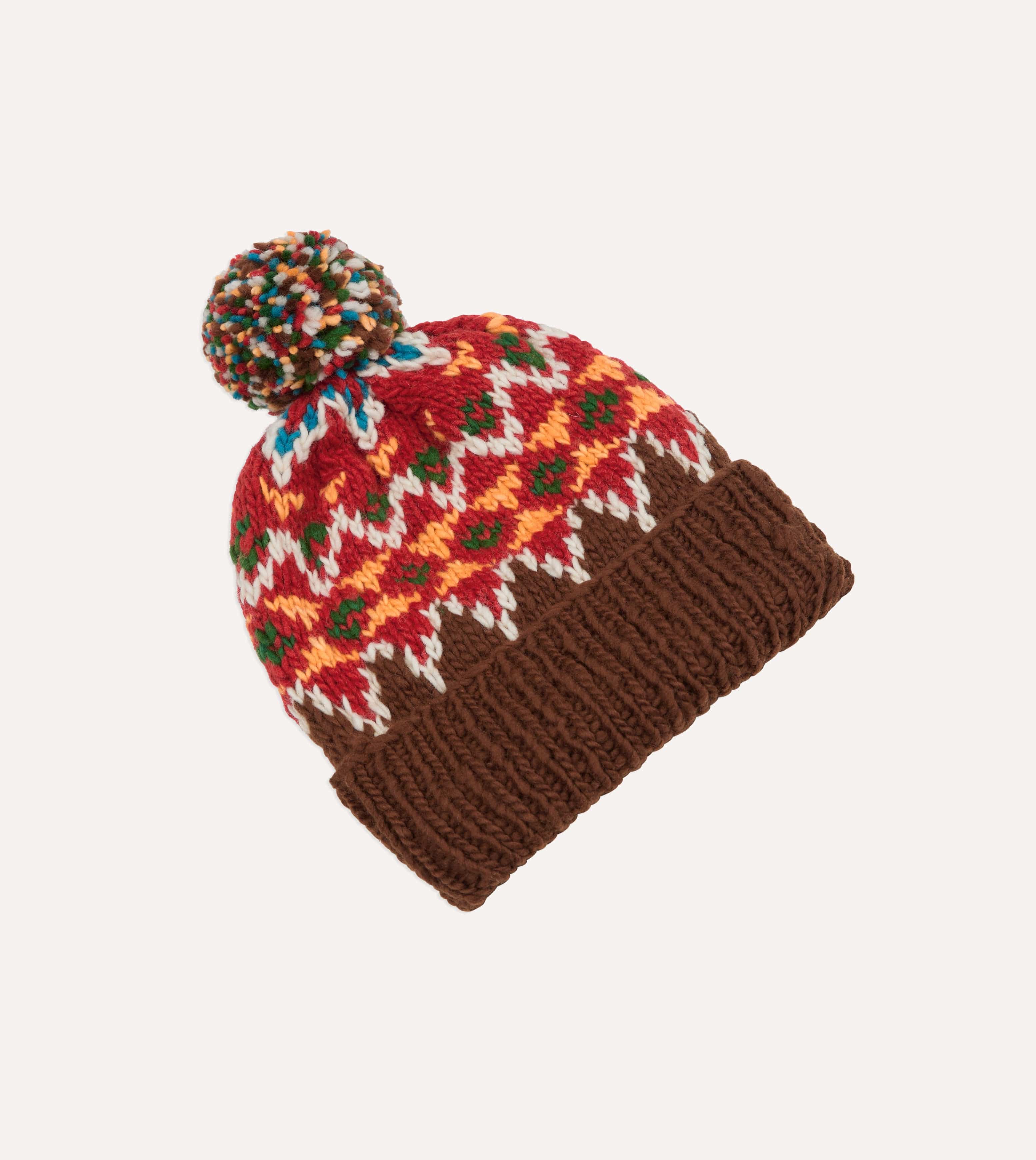 Chamula Brown and Red Fairisle Merino Knit Cap - Image 3