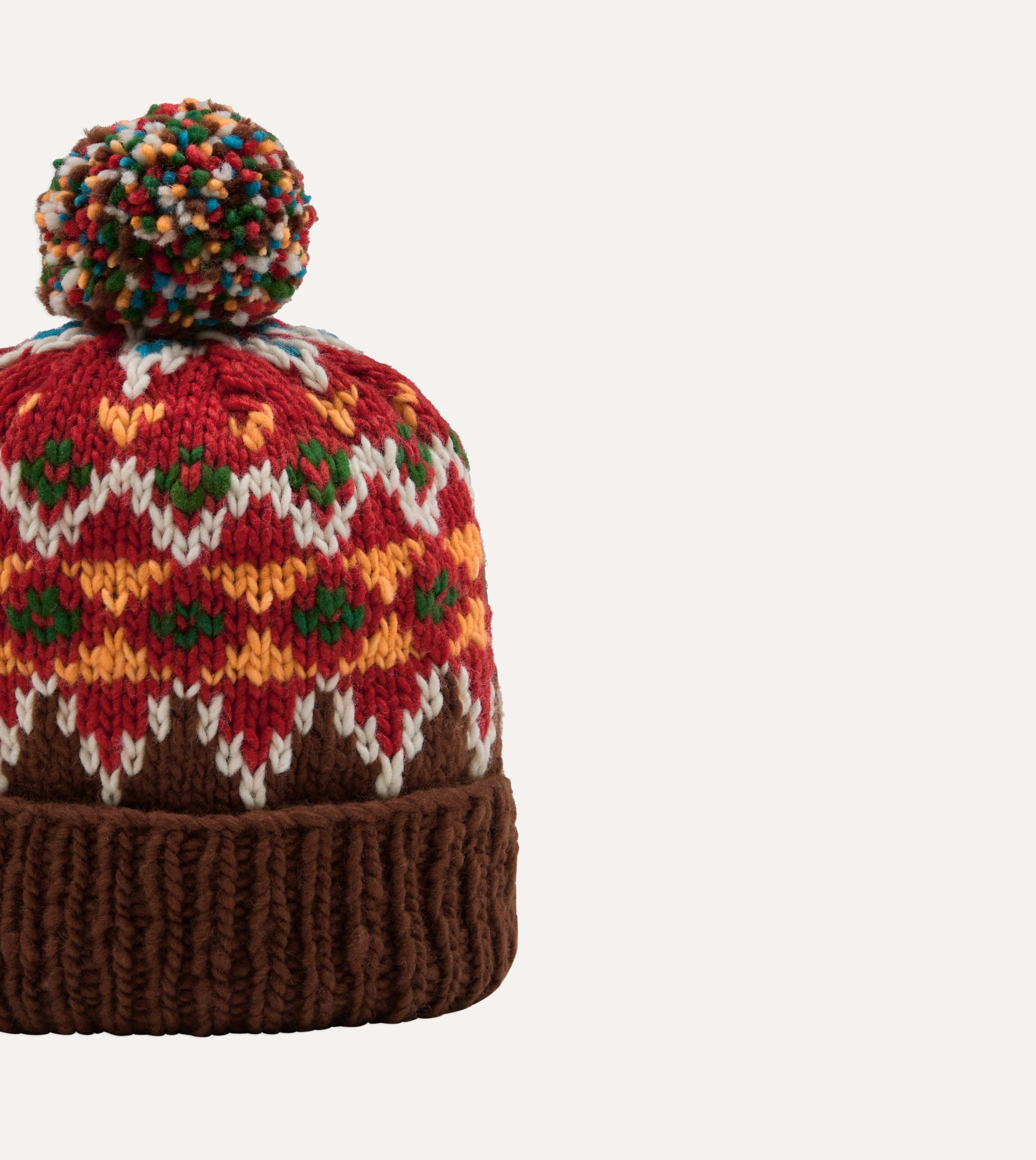 Chamula Brown and Red Fairisle Merino Knit Cap - Image 4