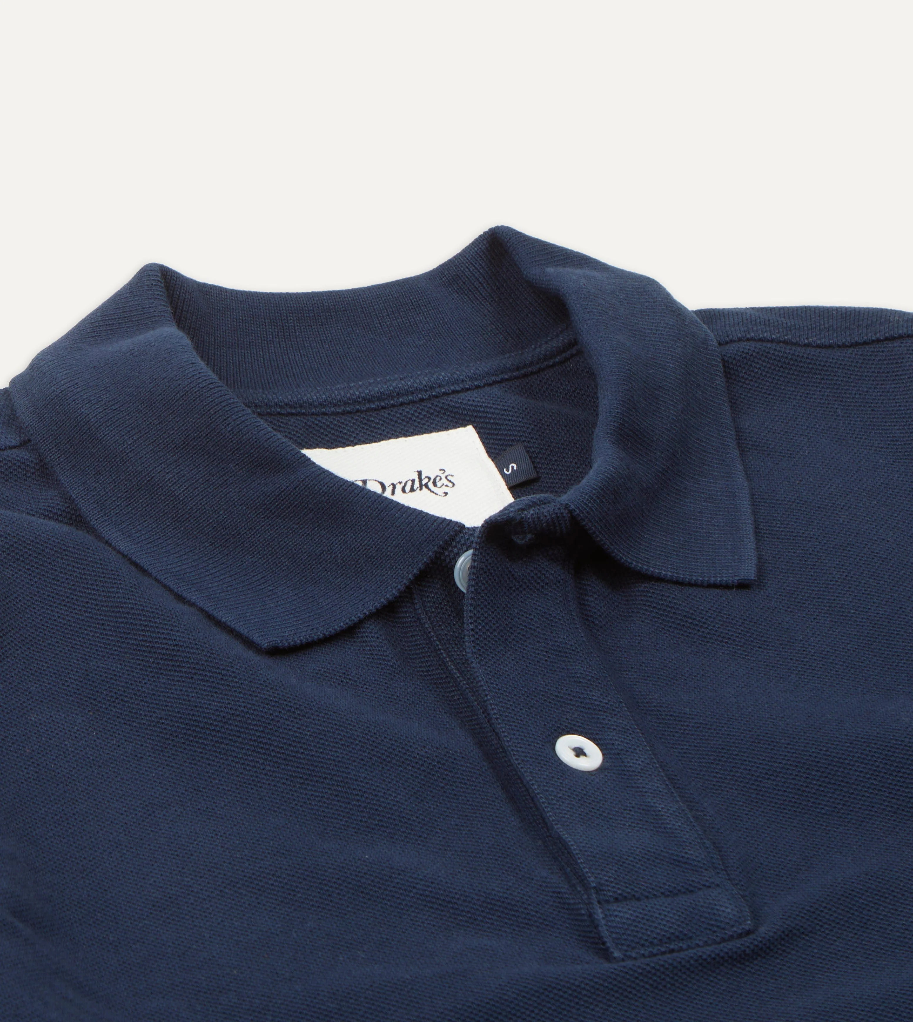 Light Navy Pique Cotton Long-Sleeve Polo Shirt - Image 3