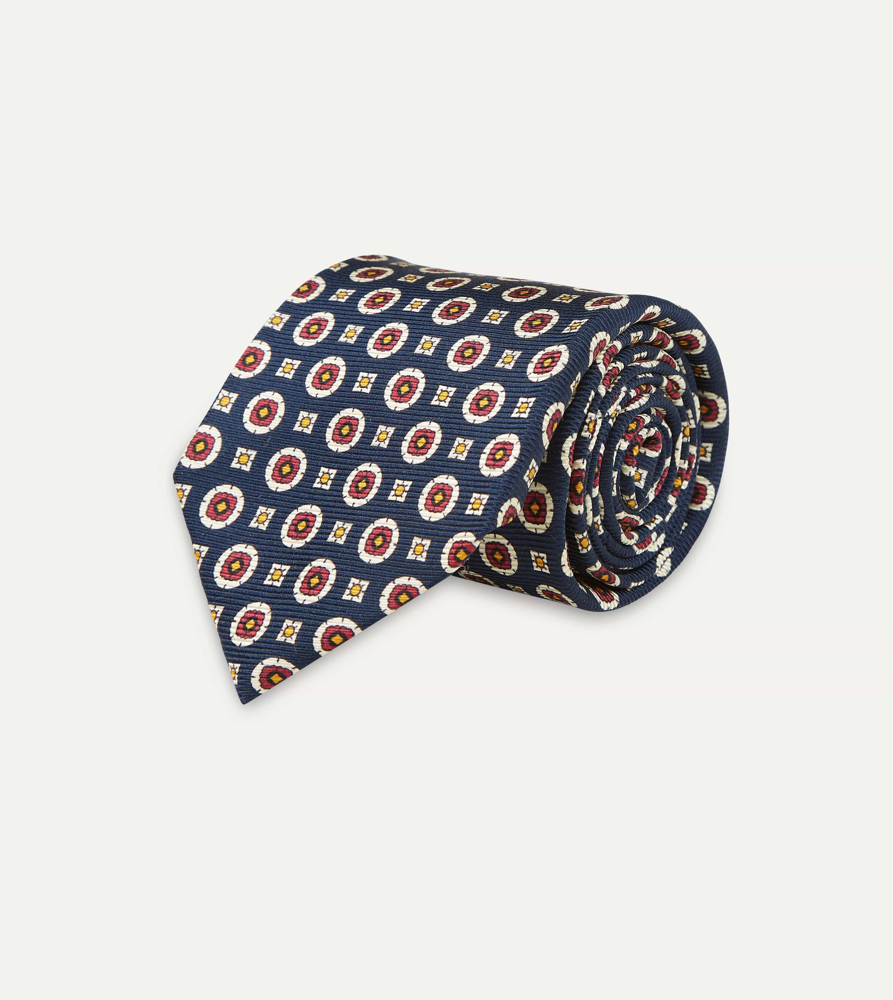 Navy and Red Geometric Medallion Print Silk Foulard Tie - Image 4