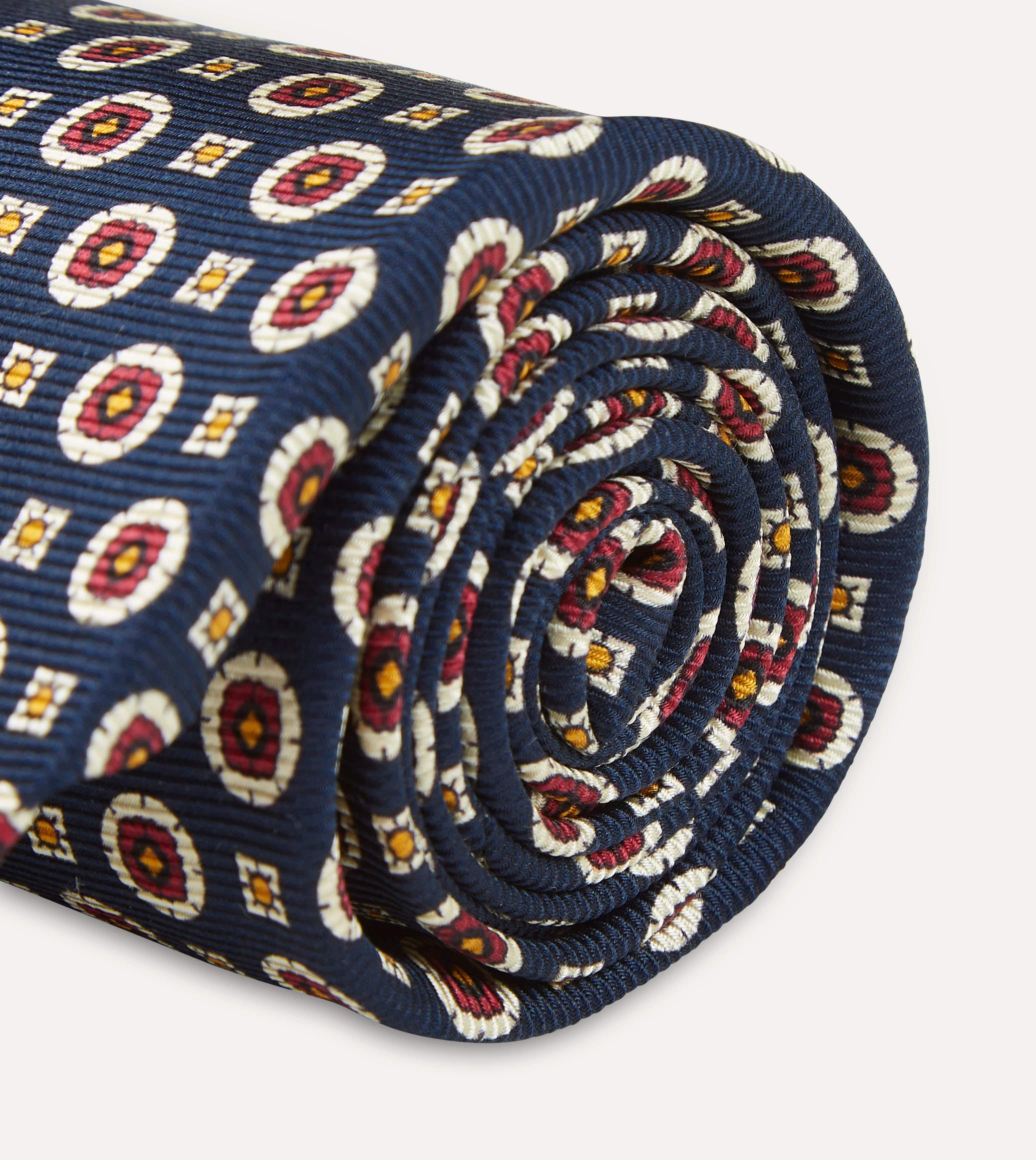 Navy and Red Geometric Medallion Print Silk Foulard Tie - Image 5