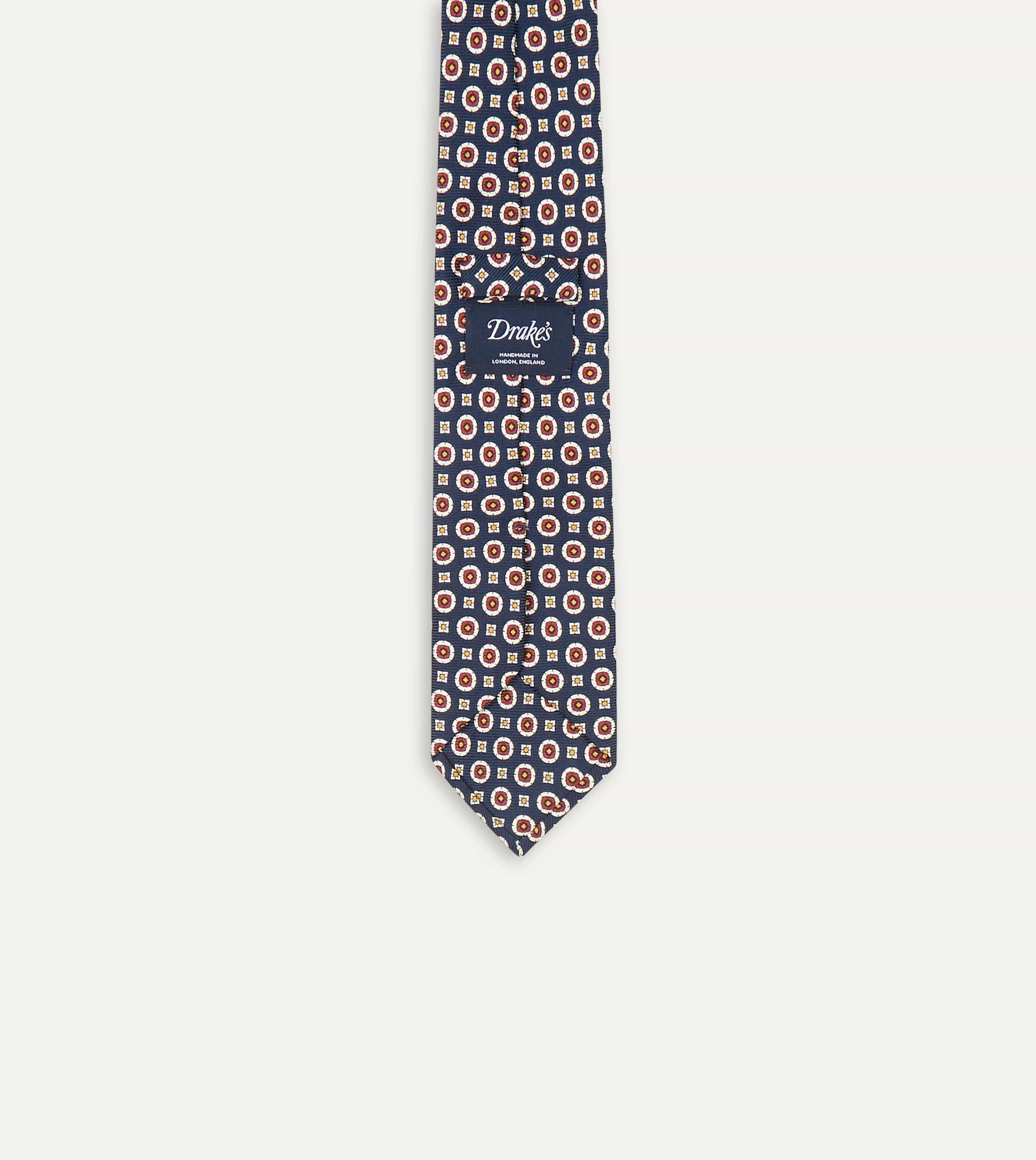 Navy and Red Geometric Medallion Print Silk Foulard Tie - Image 6