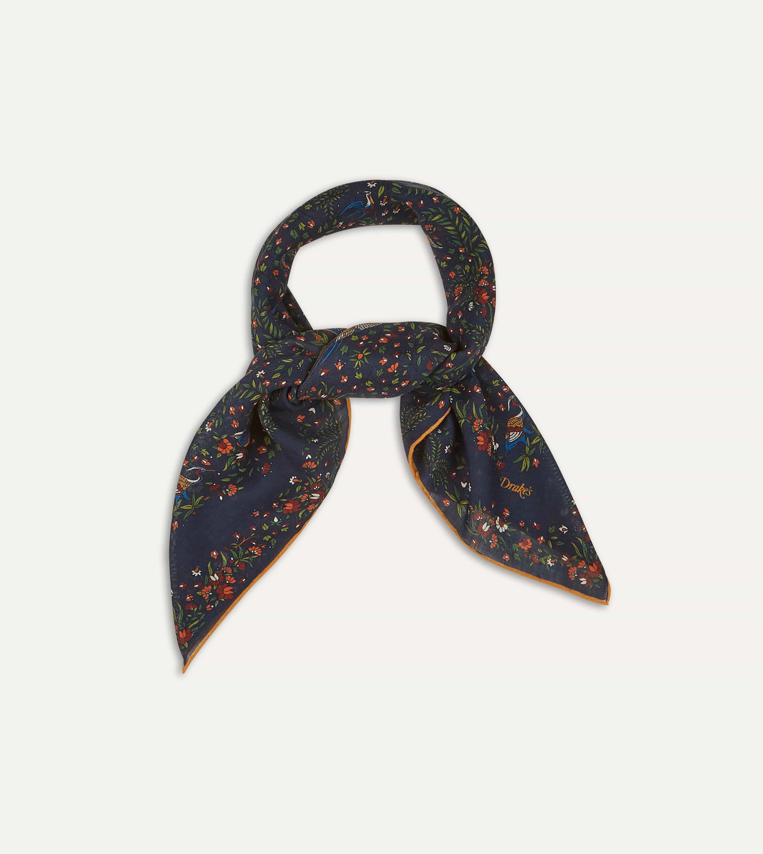 Navy Birds of Paradise Print Wool-Silk Square Scarf - Image 5