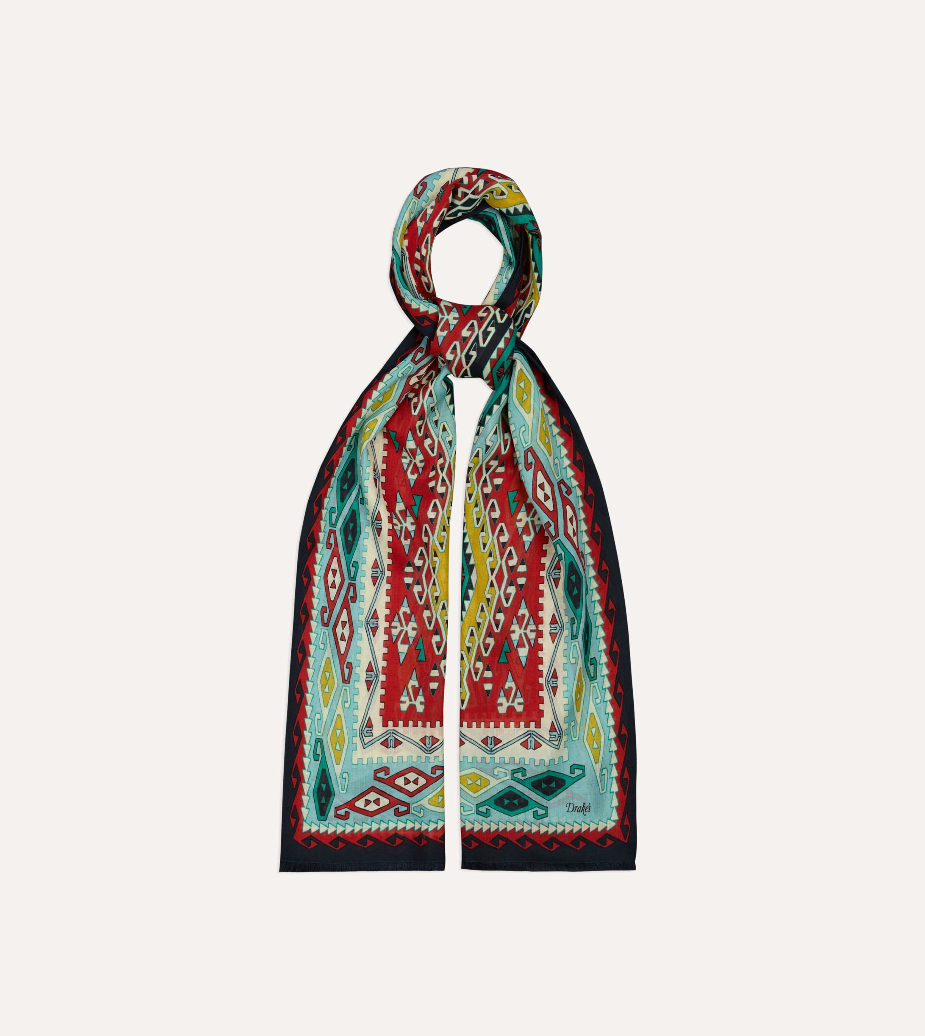 Navy Kilim Print Tubular Wool Silk Scarf - Image 4