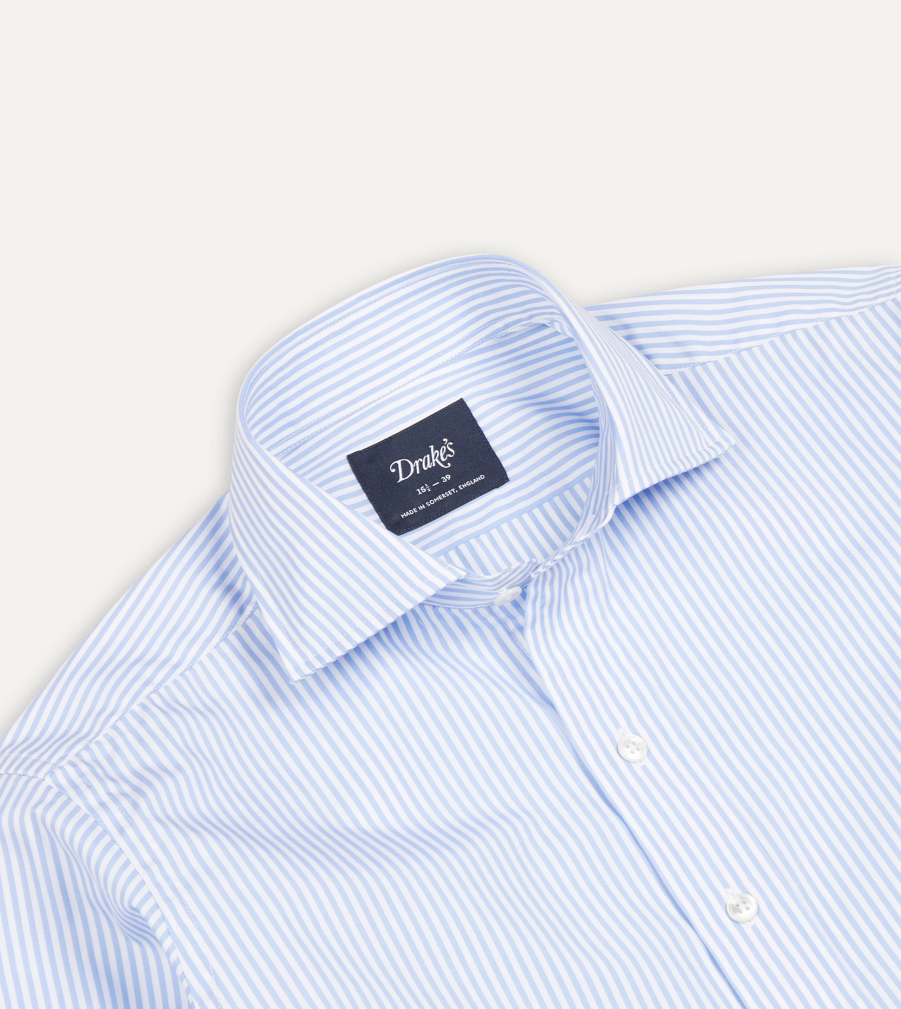 Sky Blue and White Bengal Stripe Spread Collar Cotton Poplin Shirt - Image 4