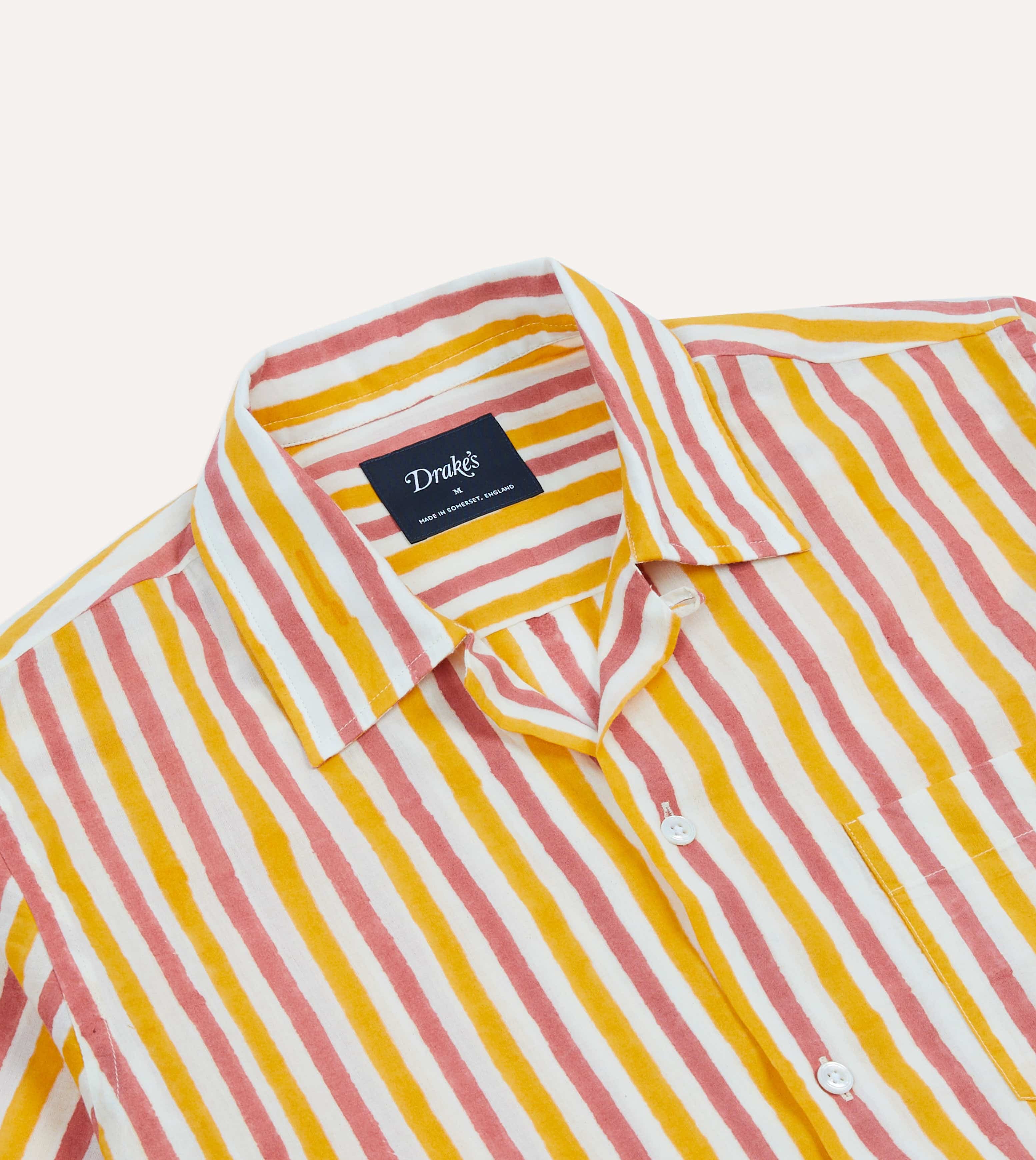 Yellow and Pink Stripe Block Print Cotton Camp Collar Short Sleeve Shirt - Image 3