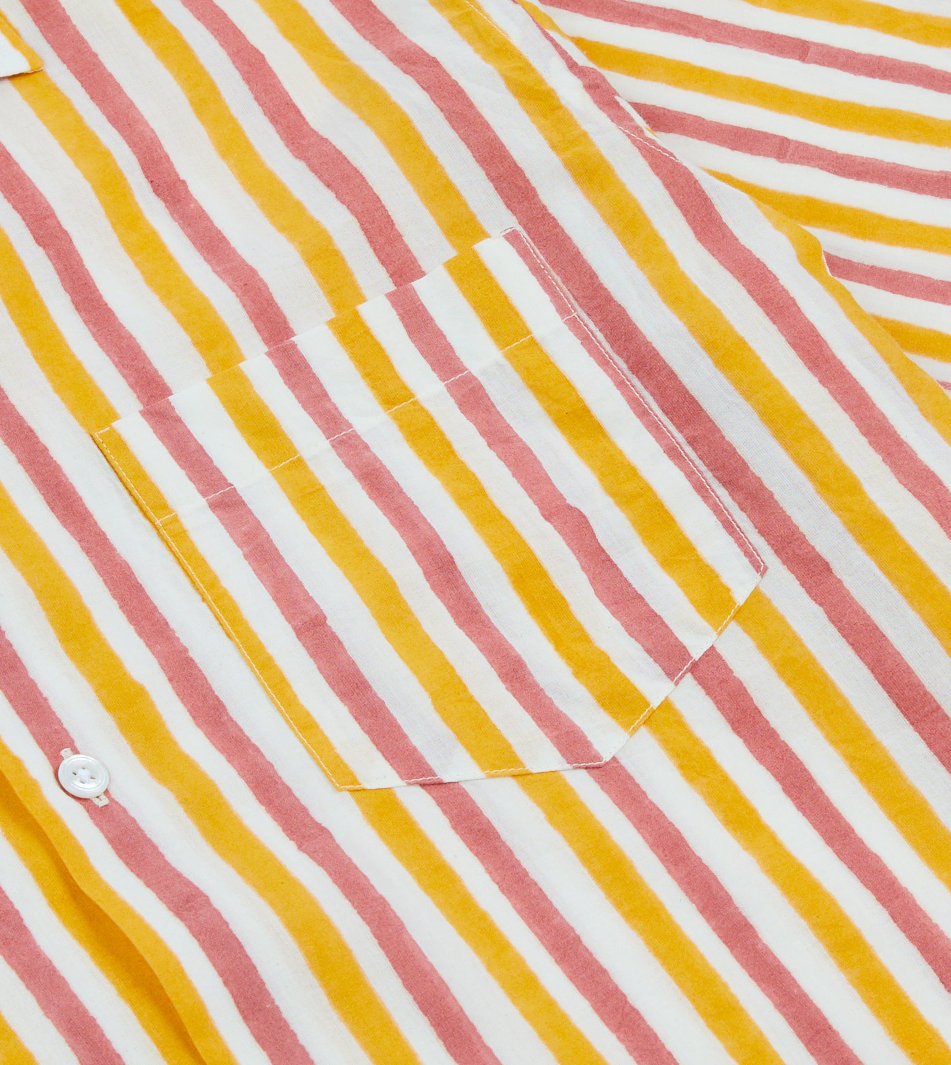 Yellow and Pink Stripe Block Print Cotton Camp Collar Short Sleeve Shirt - Image 4
