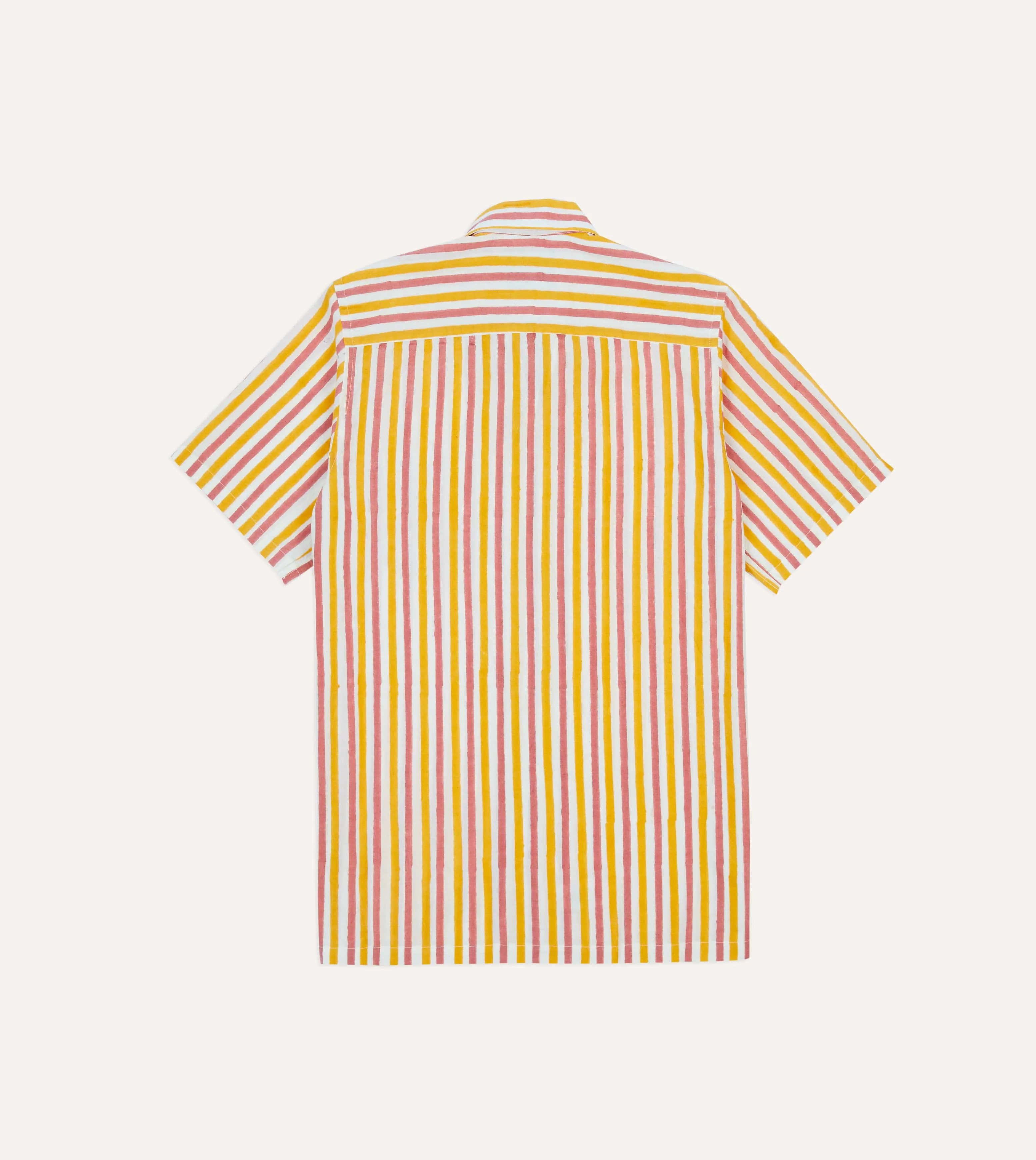 Yellow and Pink Stripe Block Print Cotton Camp Collar Short Sleeve Shirt - Image 5